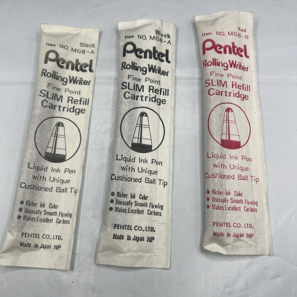 Lot of 3 Vtg Pentel Slim Rolling Writer Refills Fine Pt, 2 Black MG8-A, 1 Red B